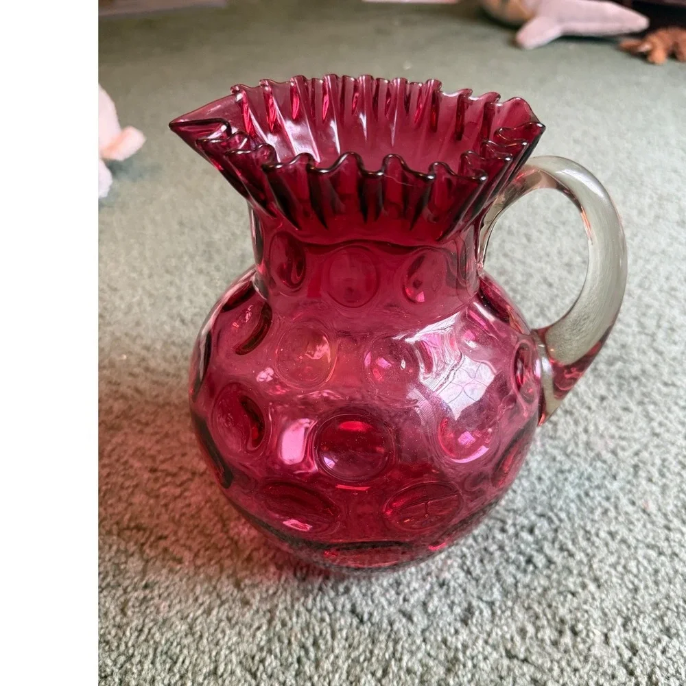 Fenton Cranberry Glass Pitcher Thumbprint Coin Dot Ruffled Rim Clear Handle